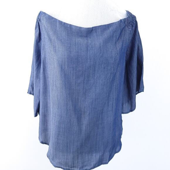 NEW Colleen Lopez Off Shoulder Chambray Shirt Large Women, 3/4 Split Sleeves - Picture 1 of 7
